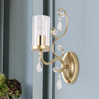 Modern gold crystal wall light bedroom clear glass cylinder shade
