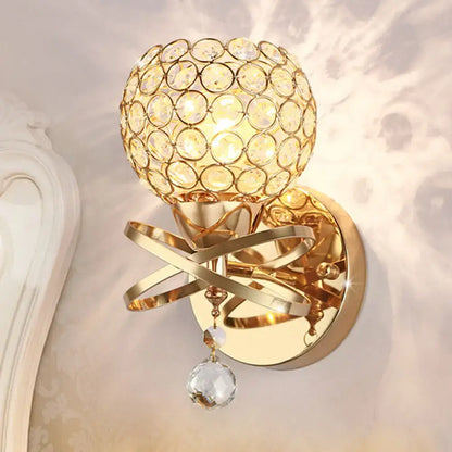 Modern gold crystal wall sconce bedroom light with dropped crystal ball