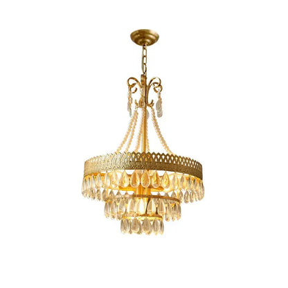 Modern gold crystal water drop chandelier foyer pink glass beads
