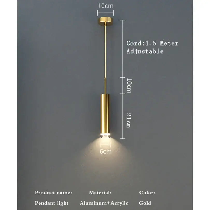 Modern gold cylindrical led pendant light bedroom spotlight