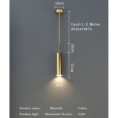 Modern gold cylindrical led pendant light bedroom spotlight
