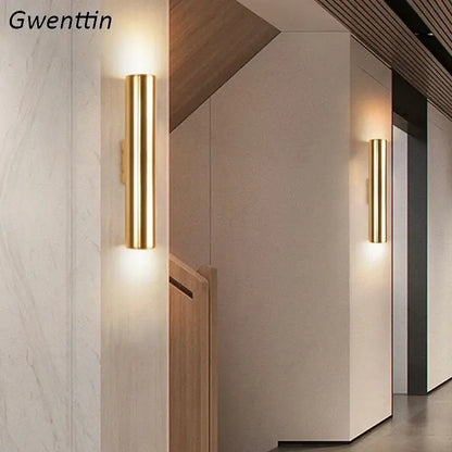 Modern gold cylindrical wall sconce light fixture living room