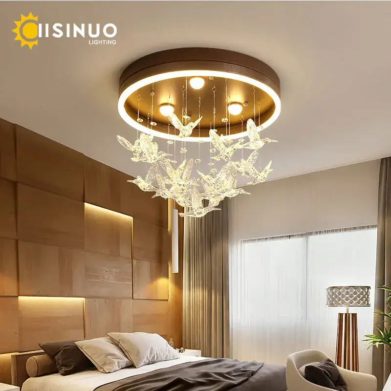 Modern gold dancing girl led chandelier crystal bird bedroom light
