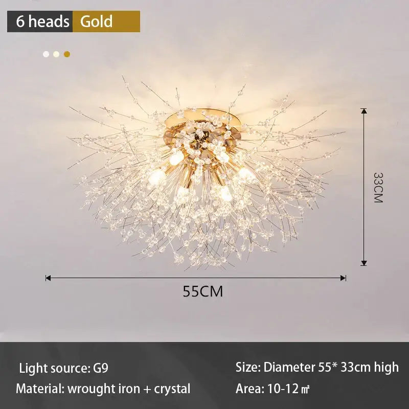 Modern gold dandelion crystal led ceiling light for living room