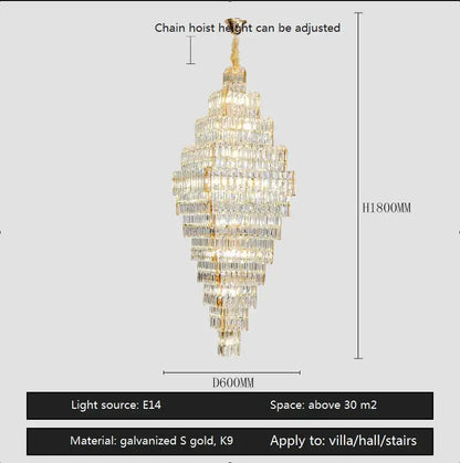 Modern gold crystal large chandelier staircase pendant light