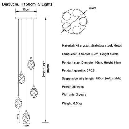 Modern gold diamond crystal ball chandelier dining room pendant light