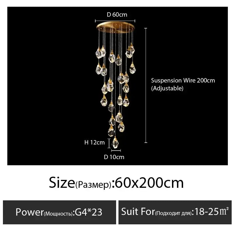 Modern gold diamond crystal chandelier staircase led lighting
