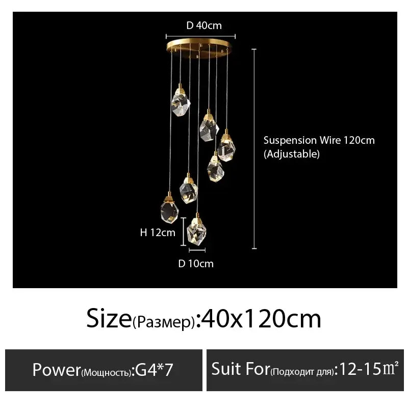 Modern gold diamond crystal chandelier staircase led lighting