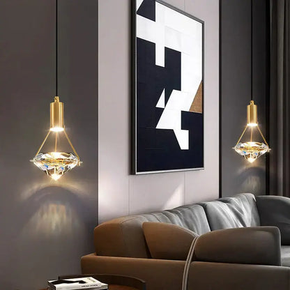Modern gold diamond crystal pendant light for bedroom illumination