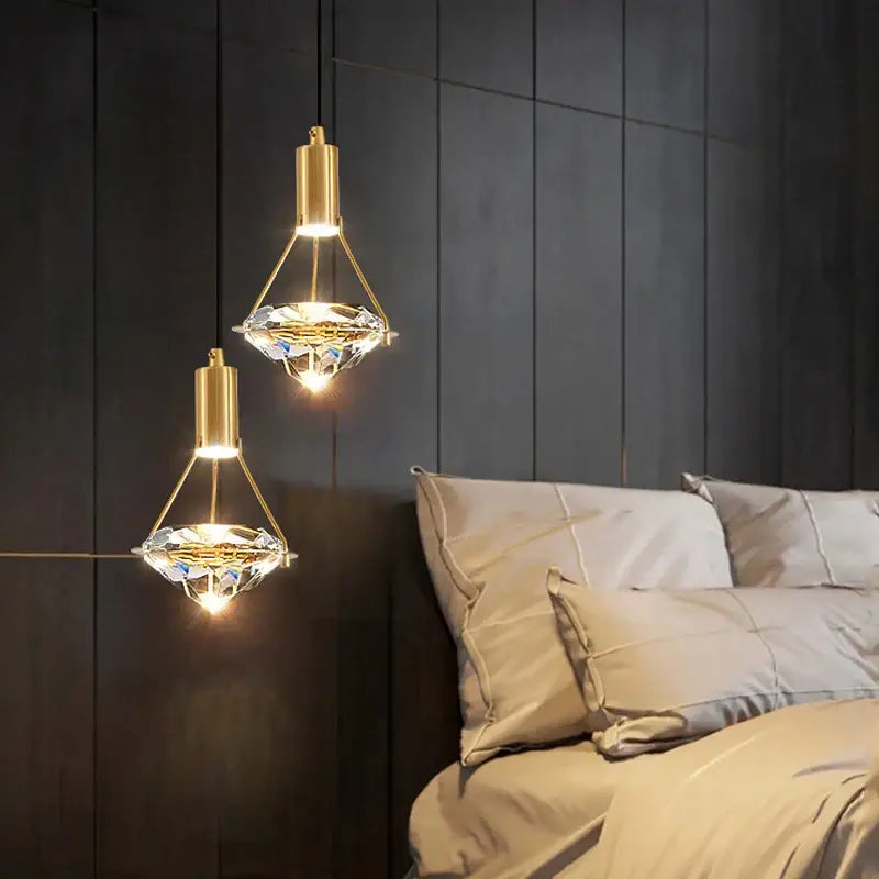 Modern gold diamond crystal pendant light for bedroom illumination