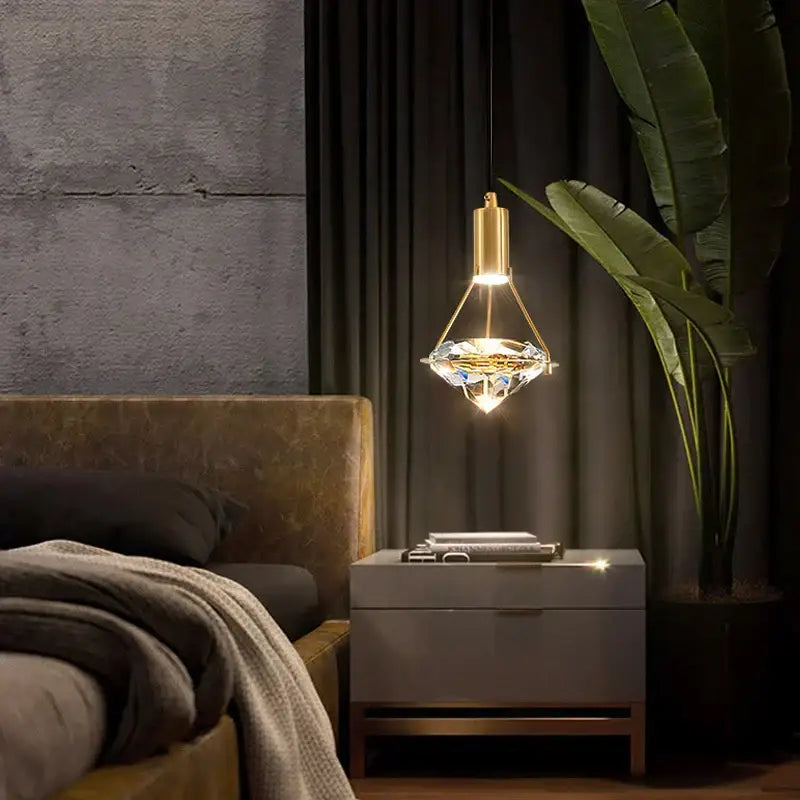 Modern gold diamond crystal pendant light for bedroom illumination