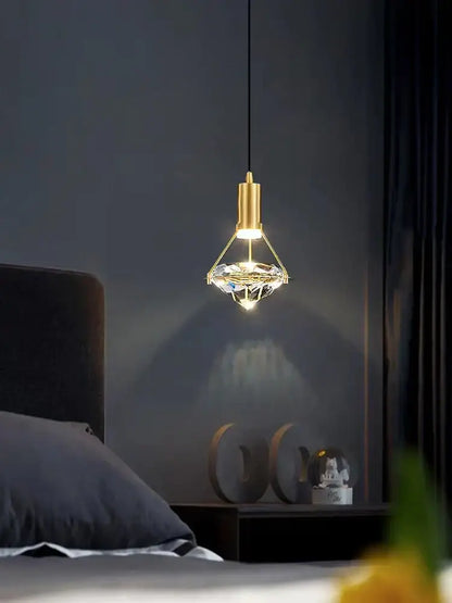 Modern gold diamond crystal pendant light for bedroom illumination