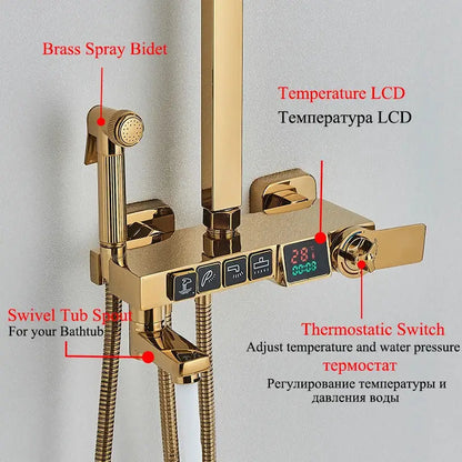 Modern gold digital shower faucet set bathroom rainhead display