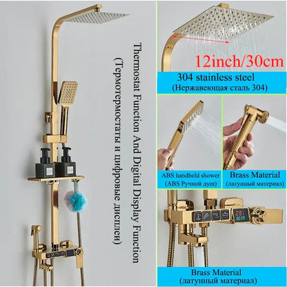 Modern gold digital shower faucet set bathroom rainhead display