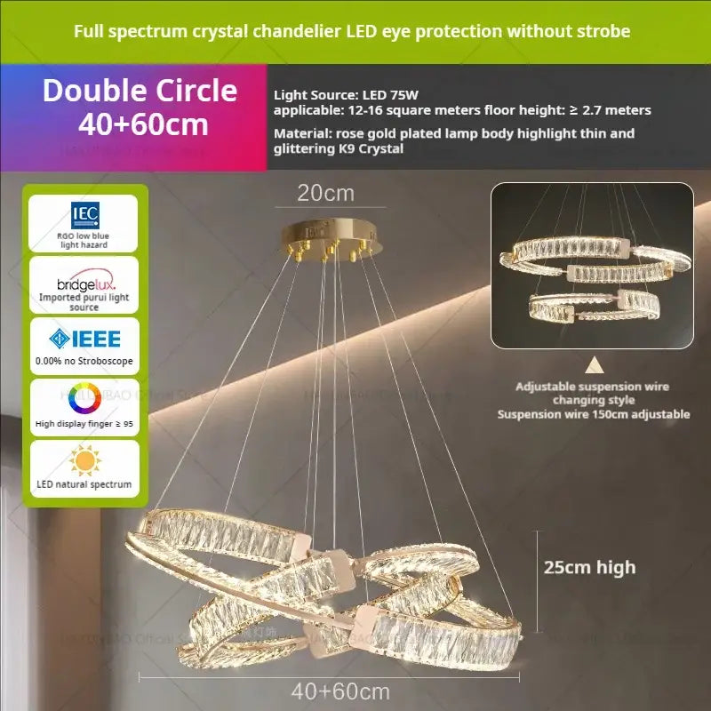 Modern gold double ring luxury crystal chandelier dining room