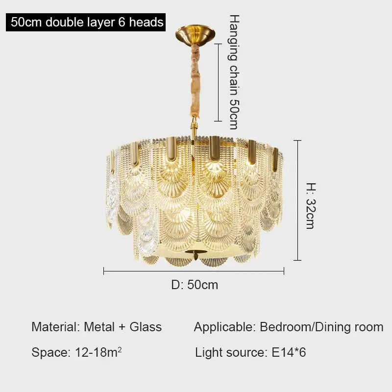 Modern gold elegant crystal chandelier living room fan glass tiers