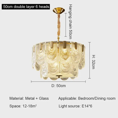 Modern gold elegant crystal chandelier living room fan glass tiers