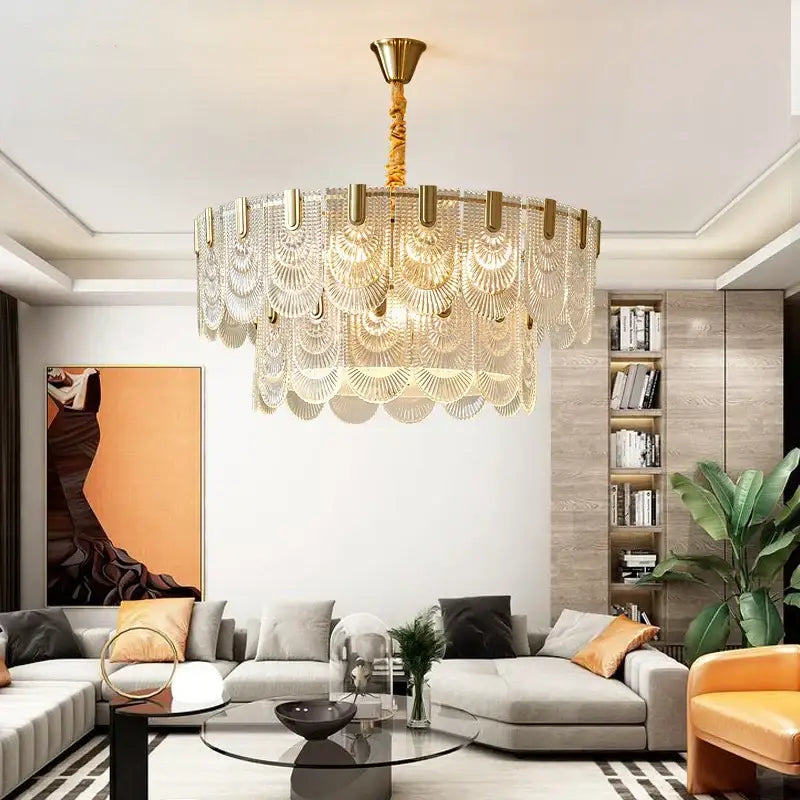 Modern gold elegant crystal chandelier living room fan glass tiers