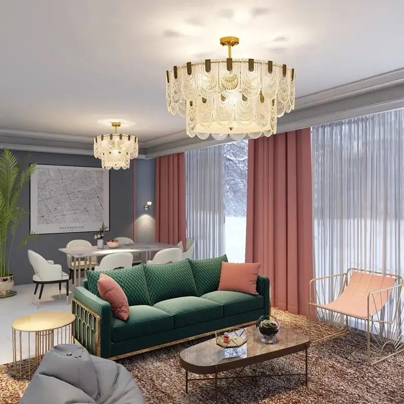Modern gold elegant crystal chandelier living room fan glass tiers