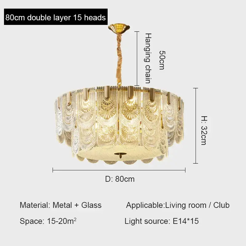 Modern gold elegant crystal chandelier living room fan glass tiers
