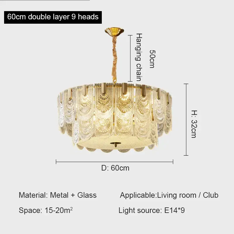 Modern gold elegant crystal chandelier living room fan glass tiers