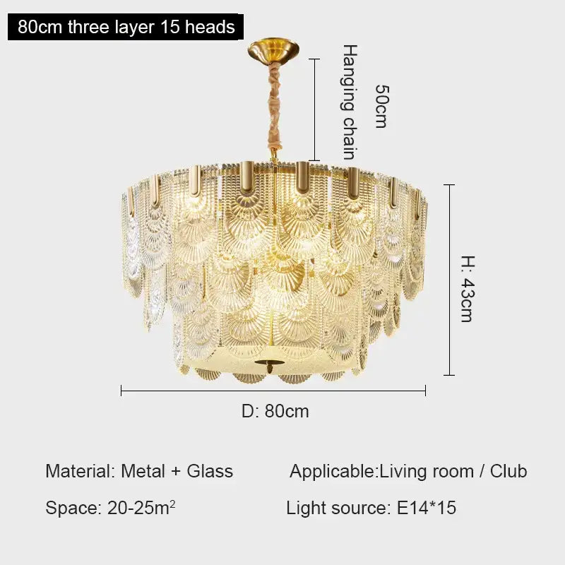 Modern gold elegant crystal chandelier living room fan glass tiers