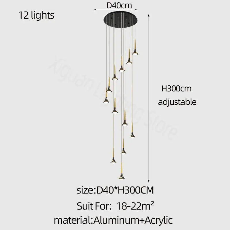 Modern gold elegant horn-shaped chandelier for staircase living room