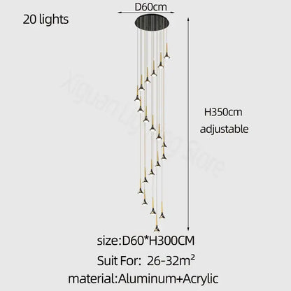 Modern gold elegant horn-shaped chandelier for staircase living room