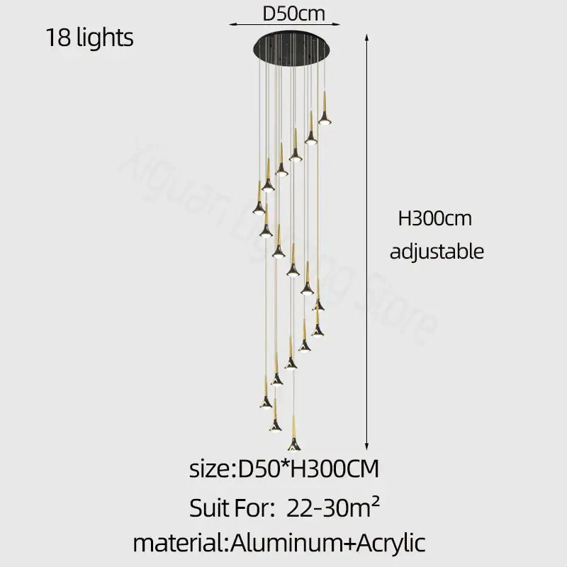 Modern gold elegant horn-shaped chandelier for staircase living room