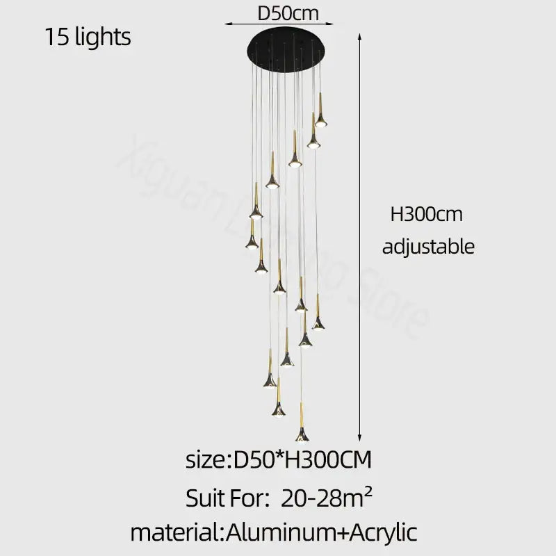 Modern gold elegant horn-shaped chandelier for staircase living room