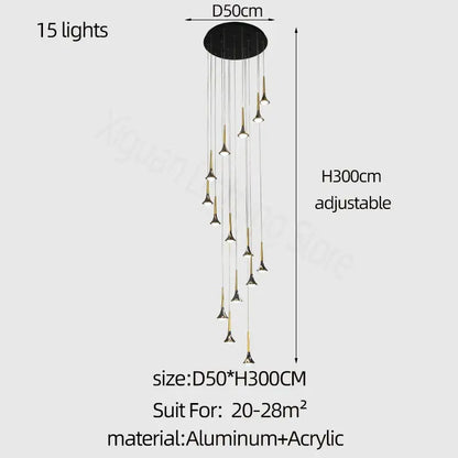 Modern gold elegant horn-shaped chandelier for staircase living room