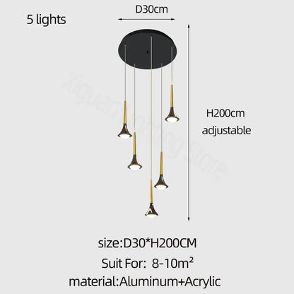 Modern gold elegant horn-shaped chandelier for staircase living room
