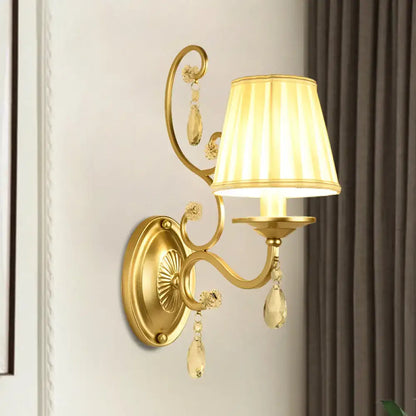 Modern gold fabric wall sconce with crystal accents bedroom light fixture