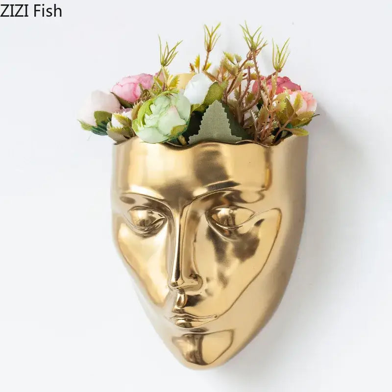 Modern gold face ceramic wall-mounted vase living room decor