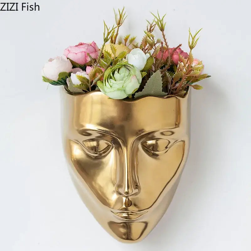 Modern gold face ceramic wall-mounted vase living room decor