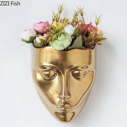 Modern gold face ceramic wall-mounted vase living room decor