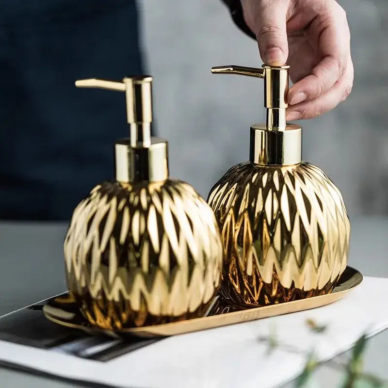 Modern gold faceted glass liquid soap dispenser set bathroom decor