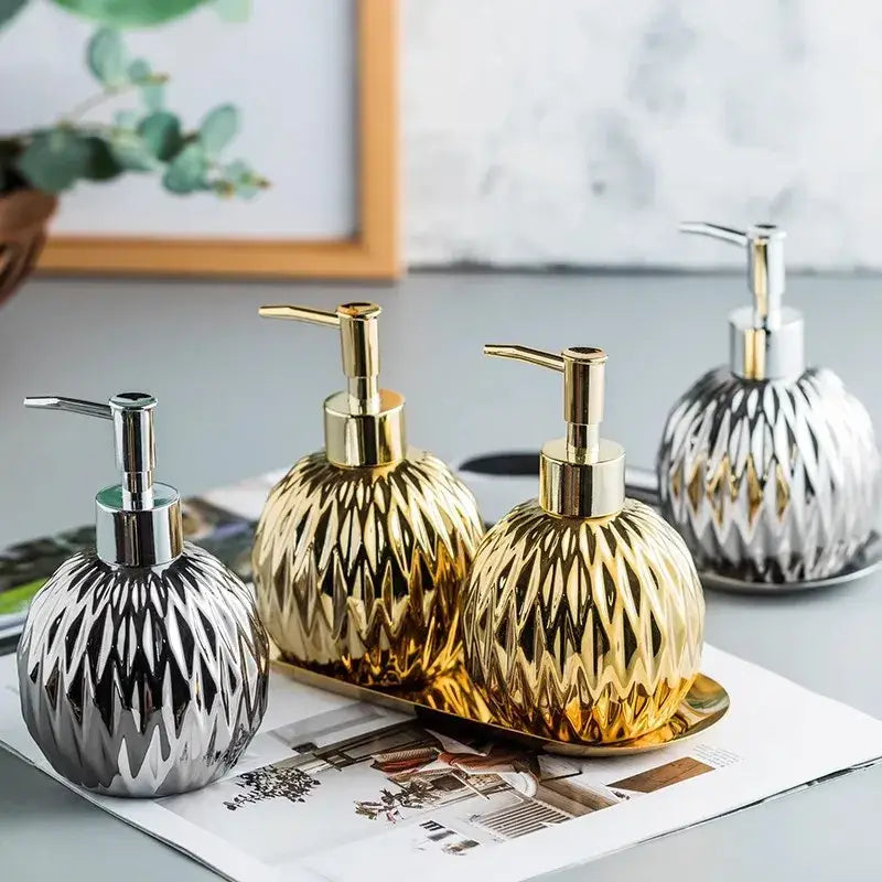 Modern gold faceted glass liquid soap dispenser set bathroom decor