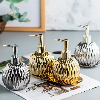 Modern gold faceted glass liquid soap dispenser set bathroom decor