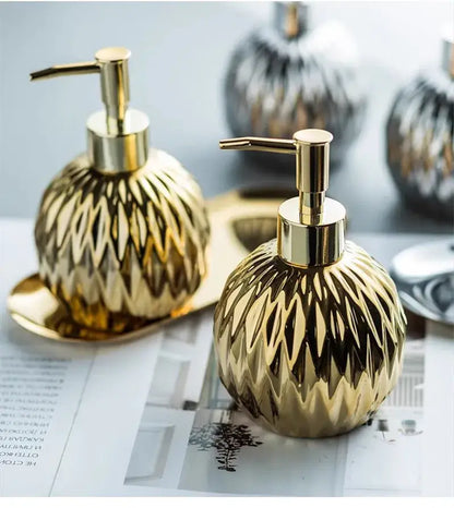 Modern gold faceted glass liquid soap dispenser set bathroom decor