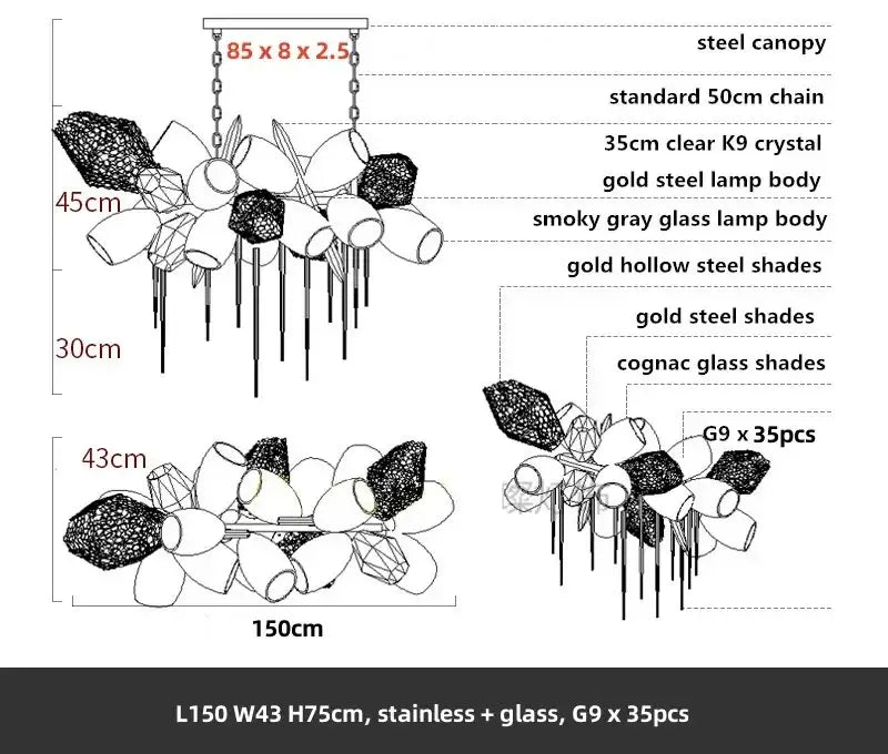 Modern gold flower glass shades led chandelier stairs hanging lamp