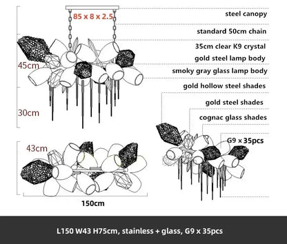 Modern gold flower glass shades led chandelier stairs hanging lamp