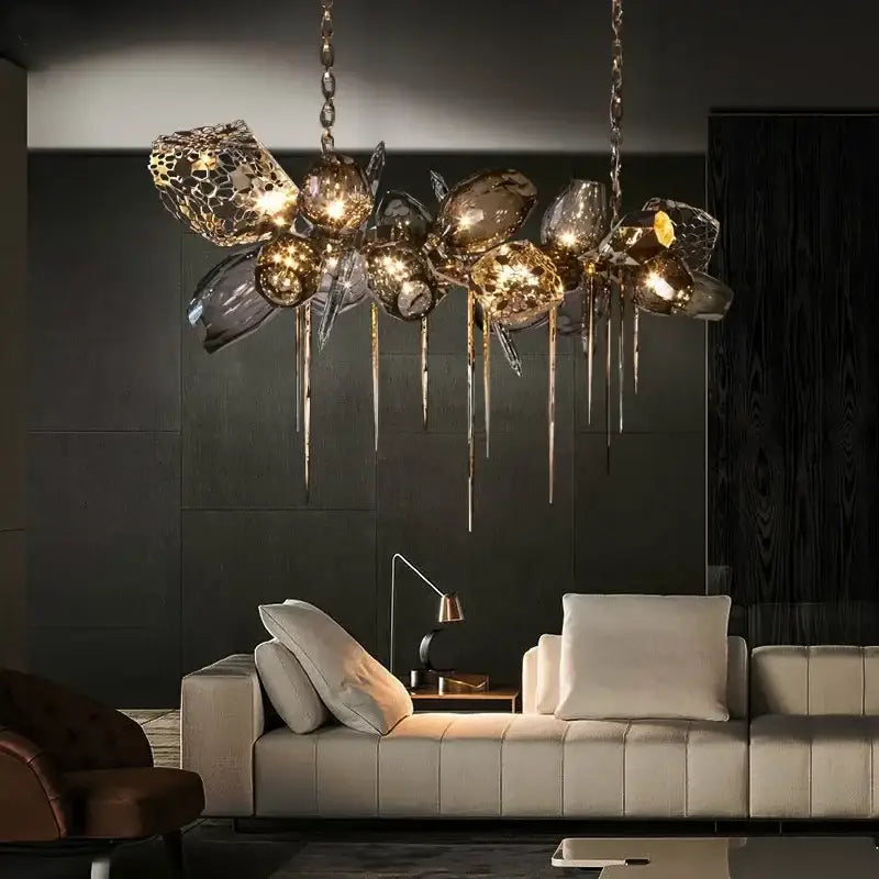Modern gold flower glass shades led chandelier stairs hanging lamp