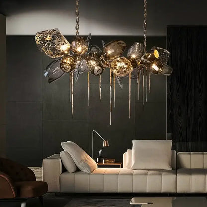 Modern gold flower glass shades led chandelier stairs hanging lamp