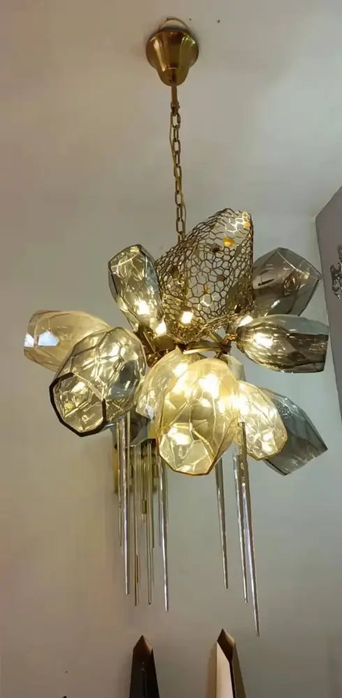 Modern gold flower glass shades led chandelier stairs hanging lamp
