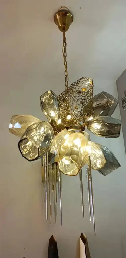 Modern gold flower glass shades led chandelier stairs hanging lamp