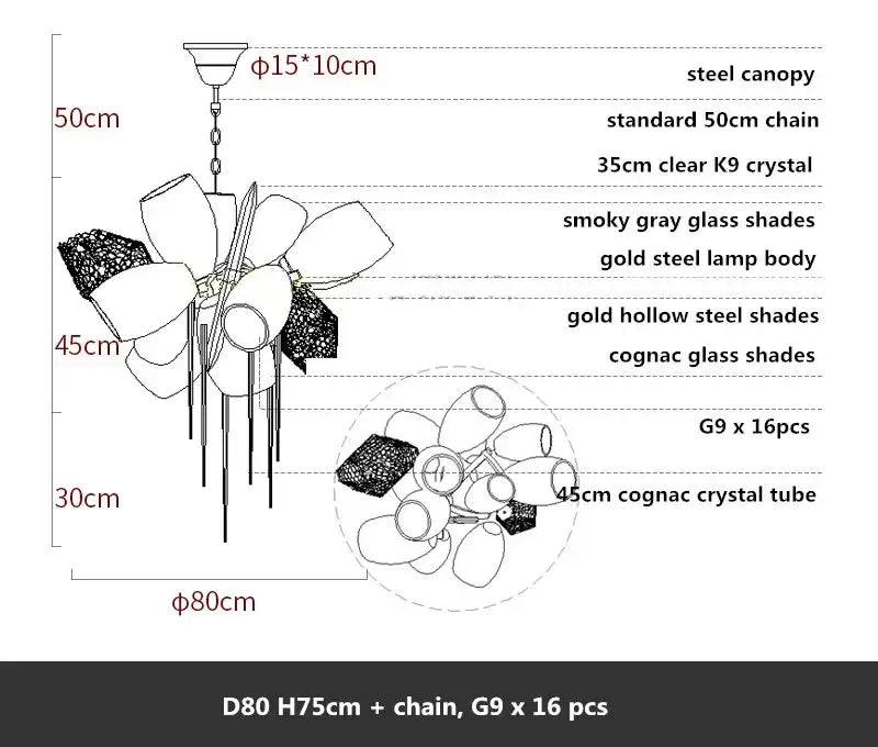Modern gold flower glass shades led chandelier stairs hanging lamp