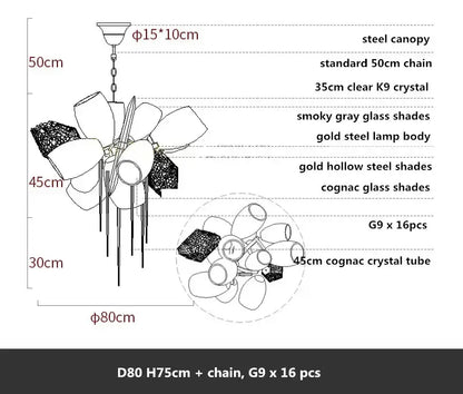 Modern gold flower glass shades led chandelier stairs hanging lamp