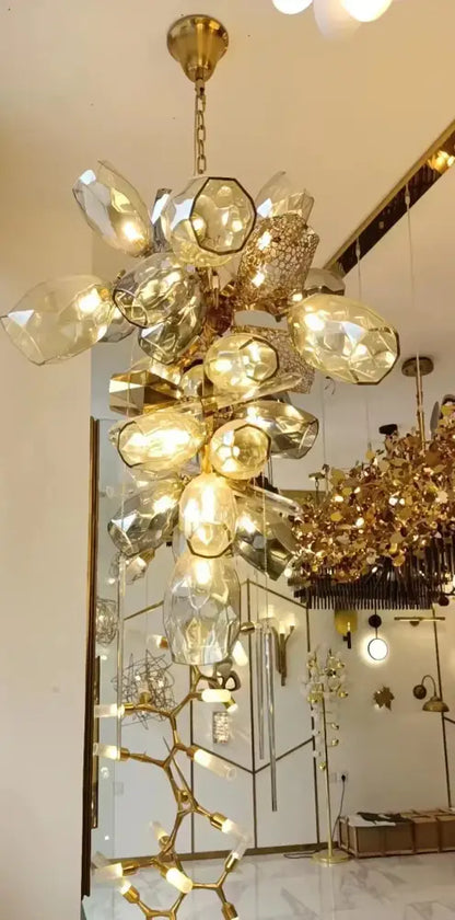 Modern gold flower glass shades led chandelier stairs hanging lamp