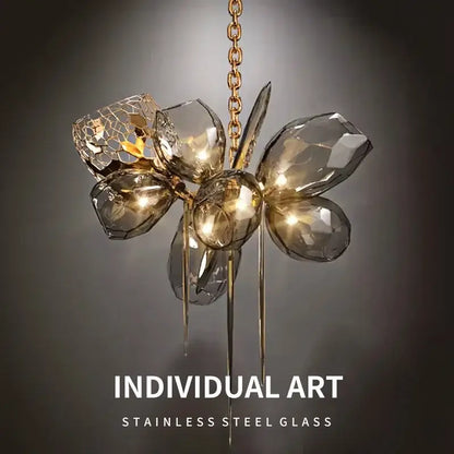 Modern gold flower glass shades led chandelier stairs hanging lamp